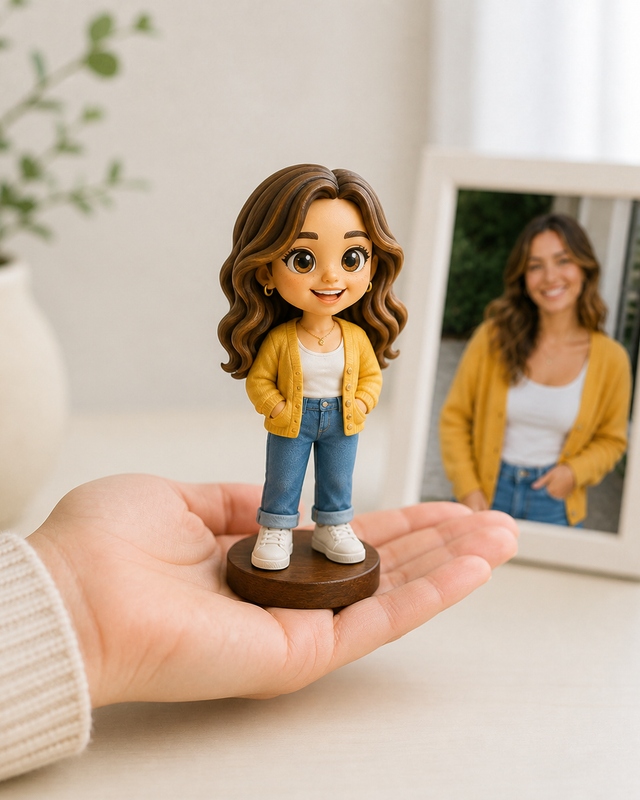 Full-colour 3D-printed resin chibi figurine held in an open hand beside its source photo