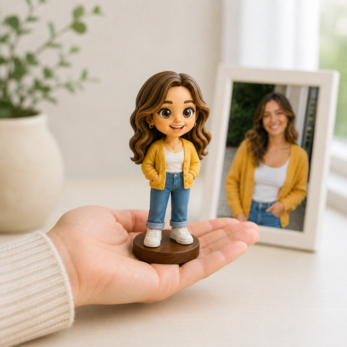Full-colour 3D-printed resin chibi figurine held in an open hand beside its source photo