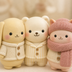 Close-up of three Pookie faces and full-colour 3D print texture