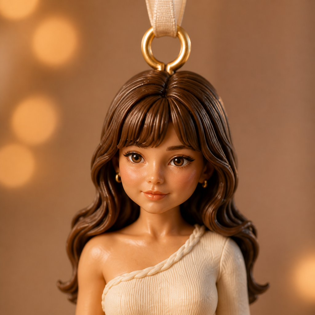 Close-up of the custom ornament face, hair, ribbon and printed dress texture