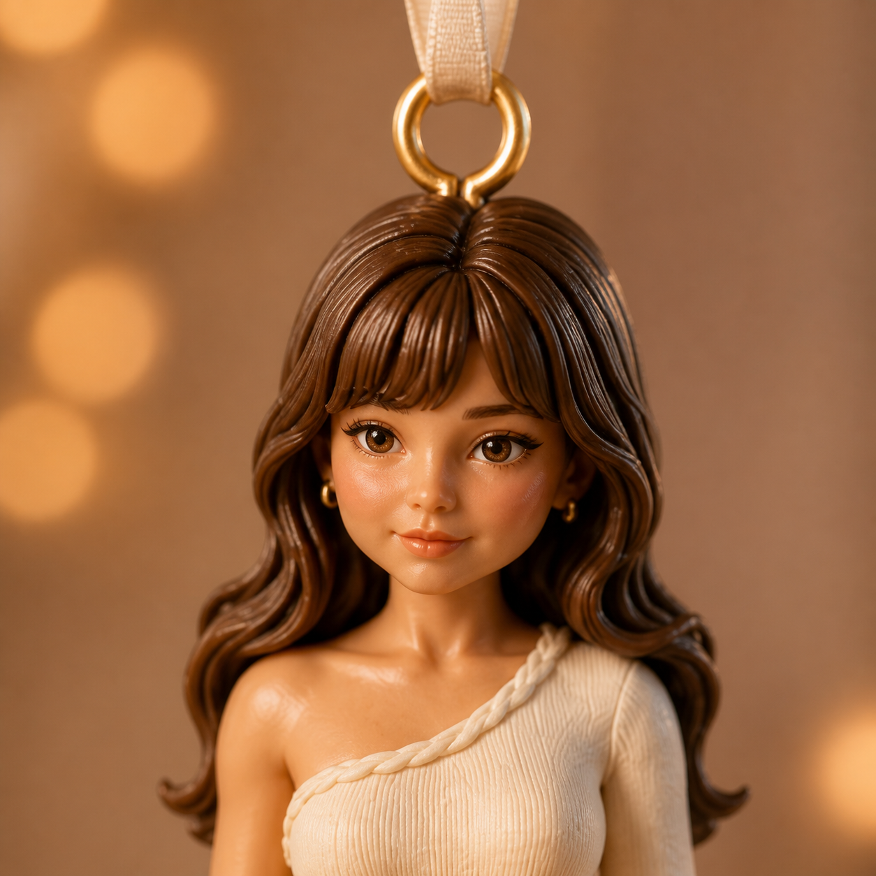 Close-up of the custom ornament face, hair, ribbon and printed dress texture