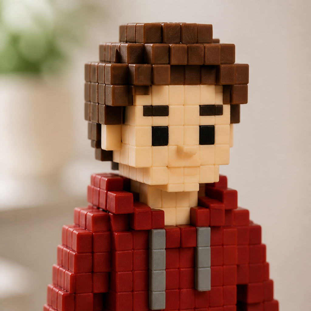 Close-up of the voxel figurine face, hoodie and printed block texture