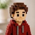 Close-up of the voxel figurine face, hoodie and printed block texture