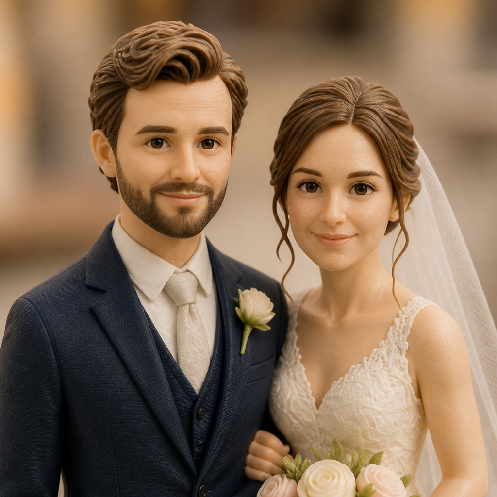 Close-up of the bride and groom topper faces, outfits and print texture