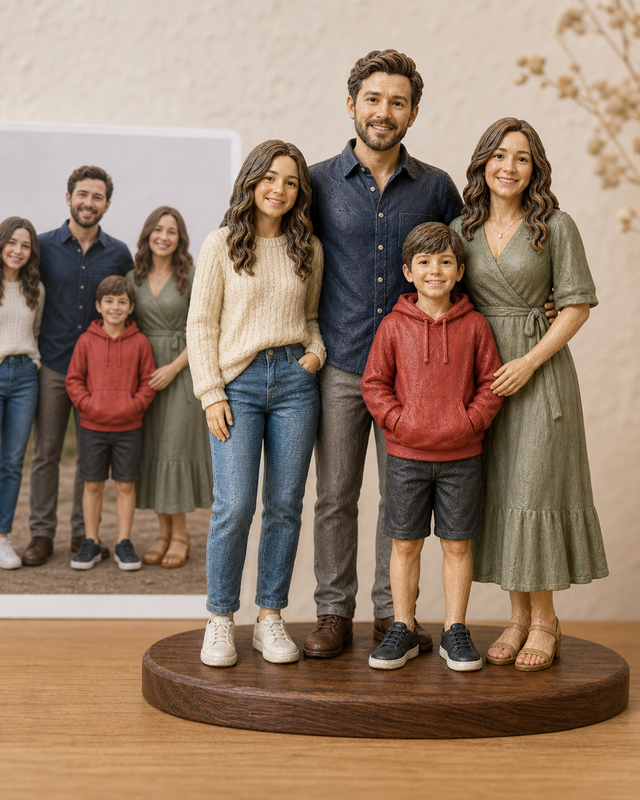 Custom family figurine of four people on one shared walnut base beside their source photo