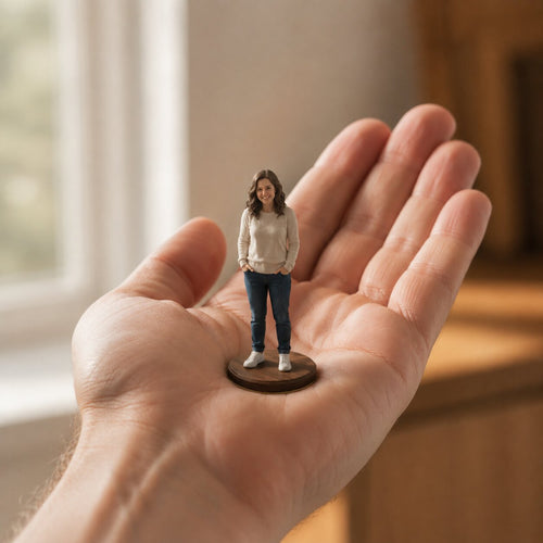 Custom figurine held in a hand, showing its true size