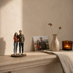 Couple figurine on a shared base beside their photo