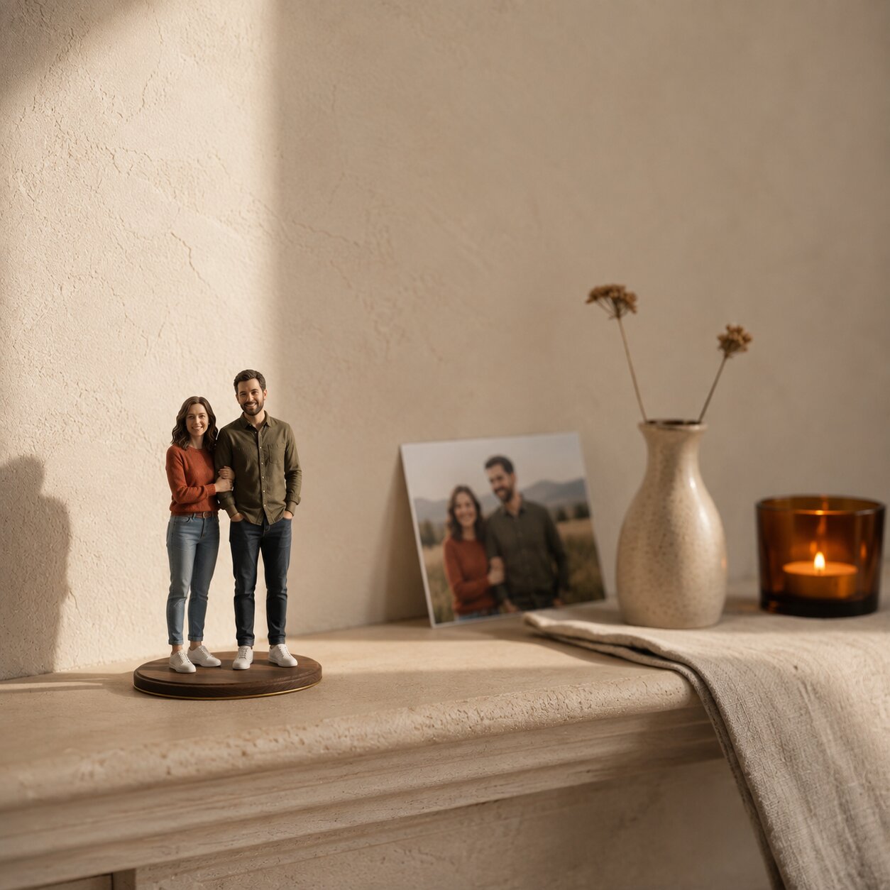 Couple figurine on a shared base beside their photo