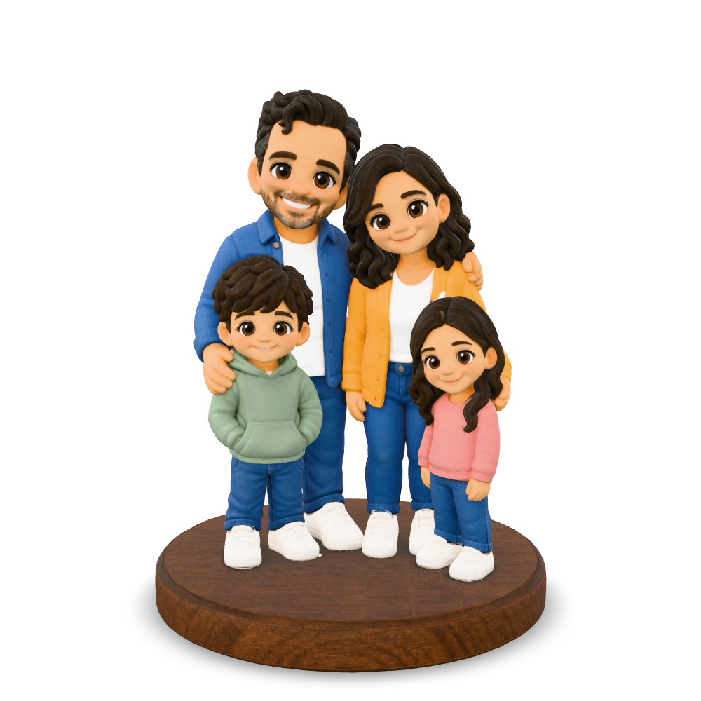 3D example: Family (4 people). Digital render of the interactive model, not a photograph of a finished print.