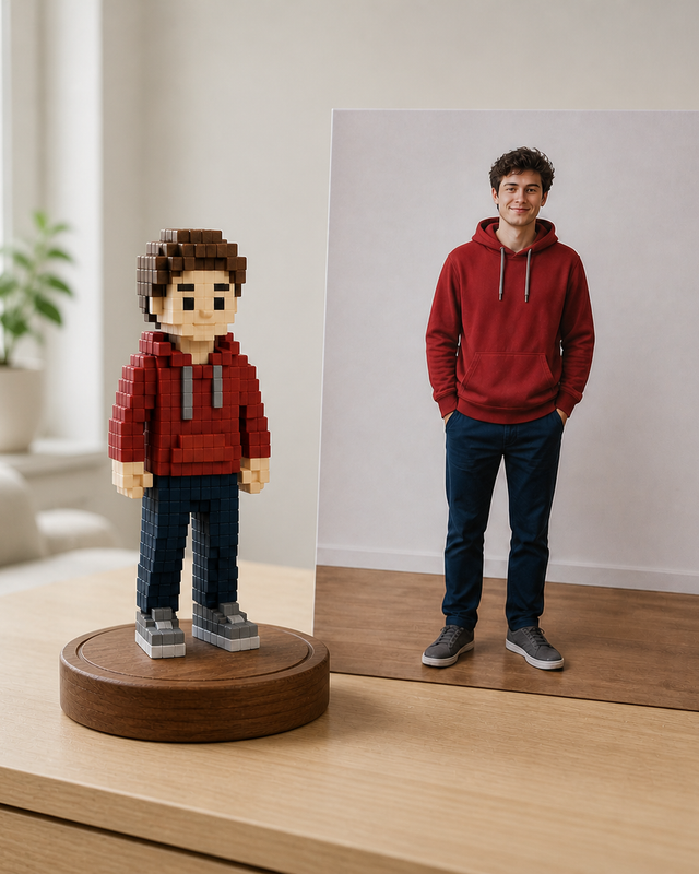 Full-colour voxel figurine on a walnut base beside its source photo on a clean desk