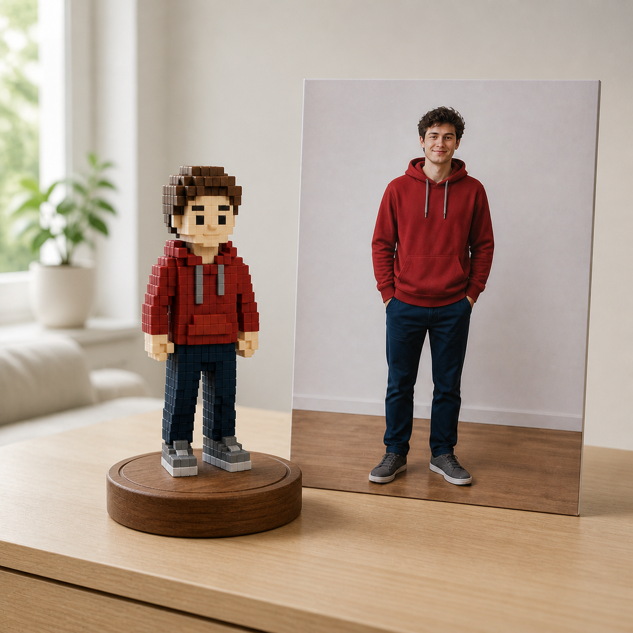 Full-colour voxel figurine on a walnut base beside its source photo on a clean desk