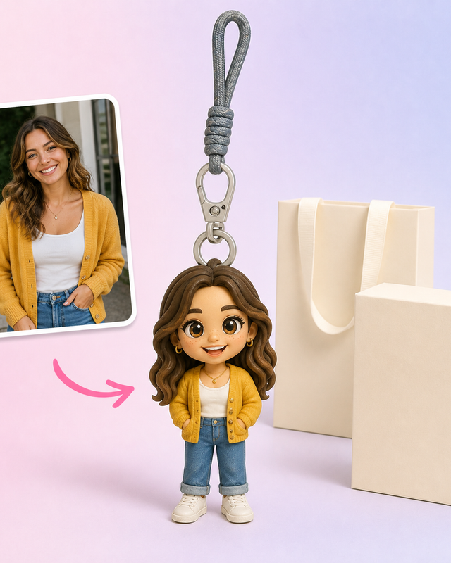 Custom figurine keychain made from a photo, shown beside the source photo and gift packaging