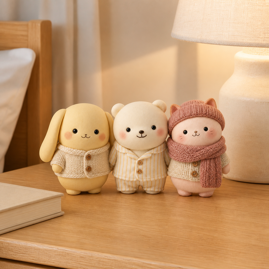 Three custom Pookie figurines displayed on a warm bedside cabinet