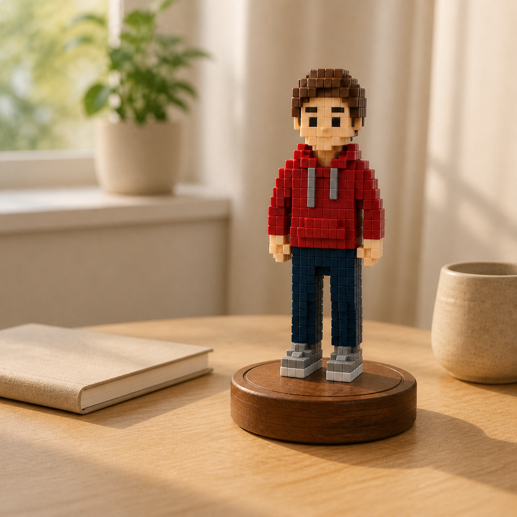 Custom voxel figurine displayed on a warm home desk