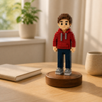 Custom voxel figurine displayed on a warm home desk