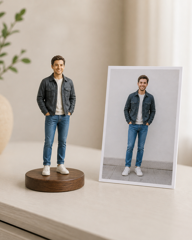 Full-colour 3D-printed resin Mini-Me figurine on a walnut base beside its source photo