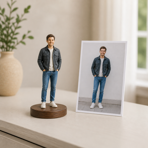Full-colour 3D-printed resin Mini-Me figurine on a walnut base beside its source photo