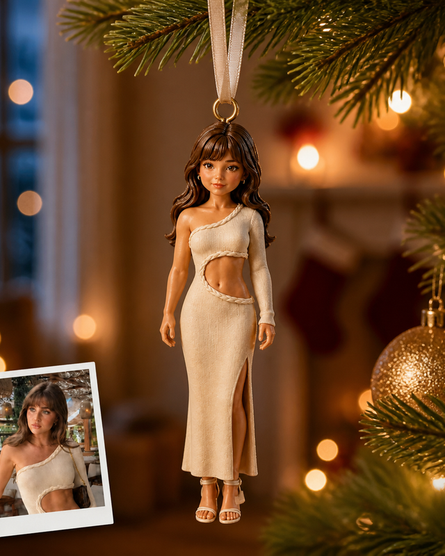 Custom Christmas ornament figurine of a smiling woman hanging on a Christmas tree, with her source photo shown alongside