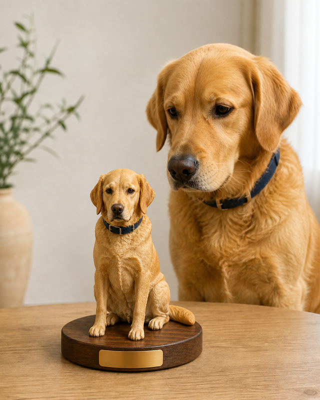 Custom pet figurine of a golden retriever on a walnut base, photographed beside the real dog