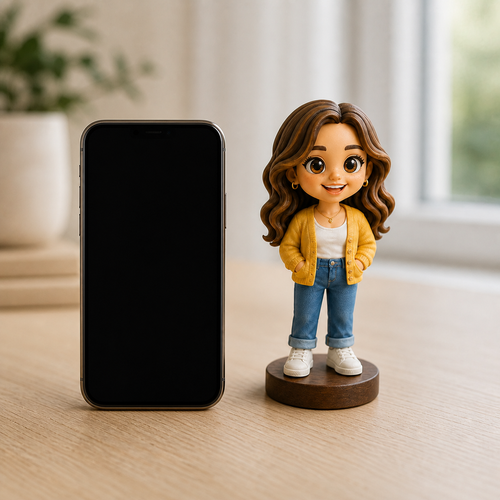 Custom chibi figurine beside a smartphone for scale