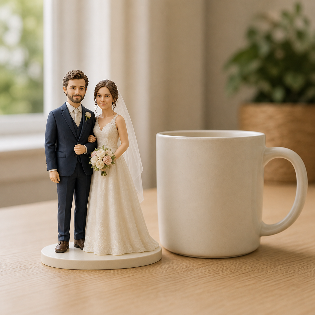 Custom bride and groom cake topper beside a ceramic mug for scale