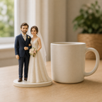 Custom bride and groom cake topper beside a ceramic mug for scale