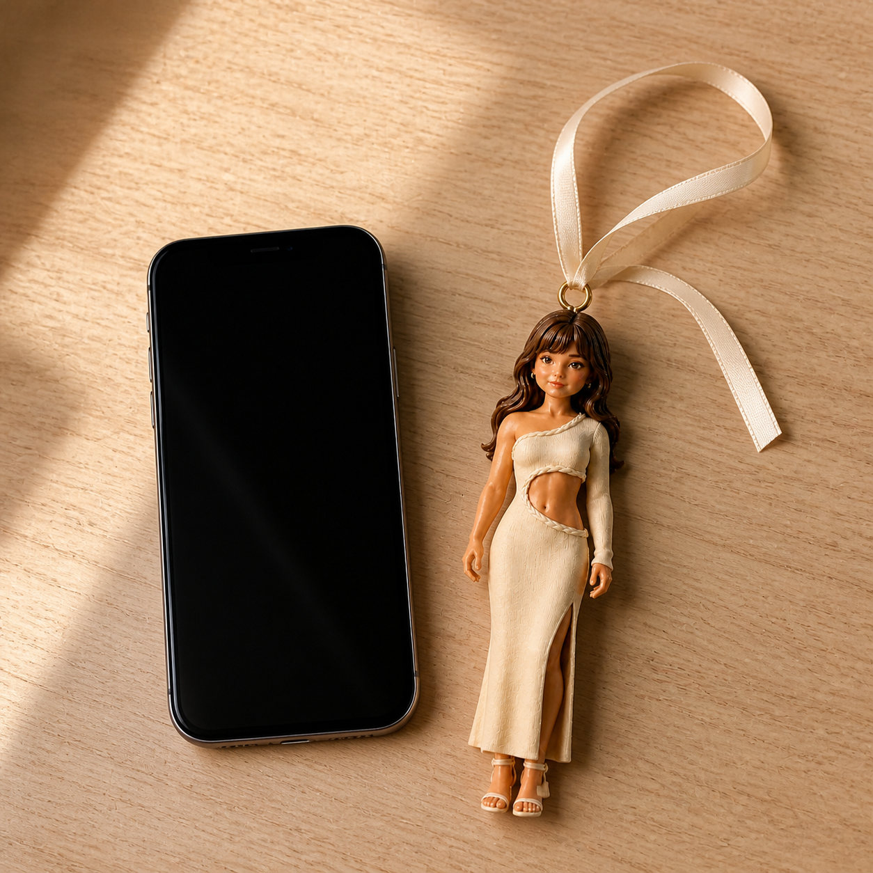 Custom full-colour figurine ornament beside a smartphone for scale