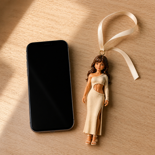Custom full-colour figurine ornament beside a smartphone for scale