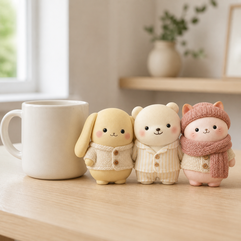 Three custom Pookie figurines beside a ceramic mug for scale