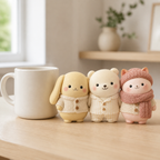 Three custom Pookie figurines beside a ceramic mug for scale
