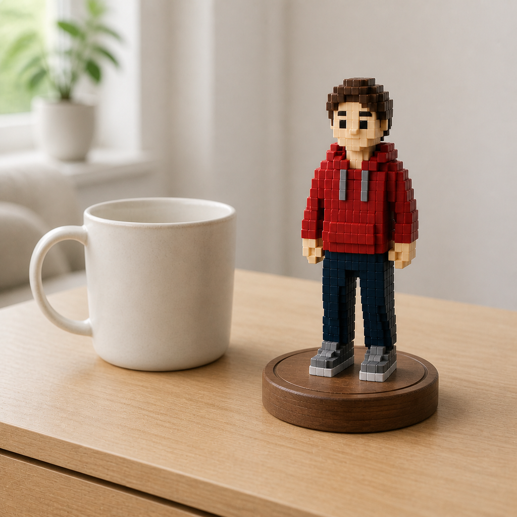 Custom voxel figurine beside a ceramic mug for scale