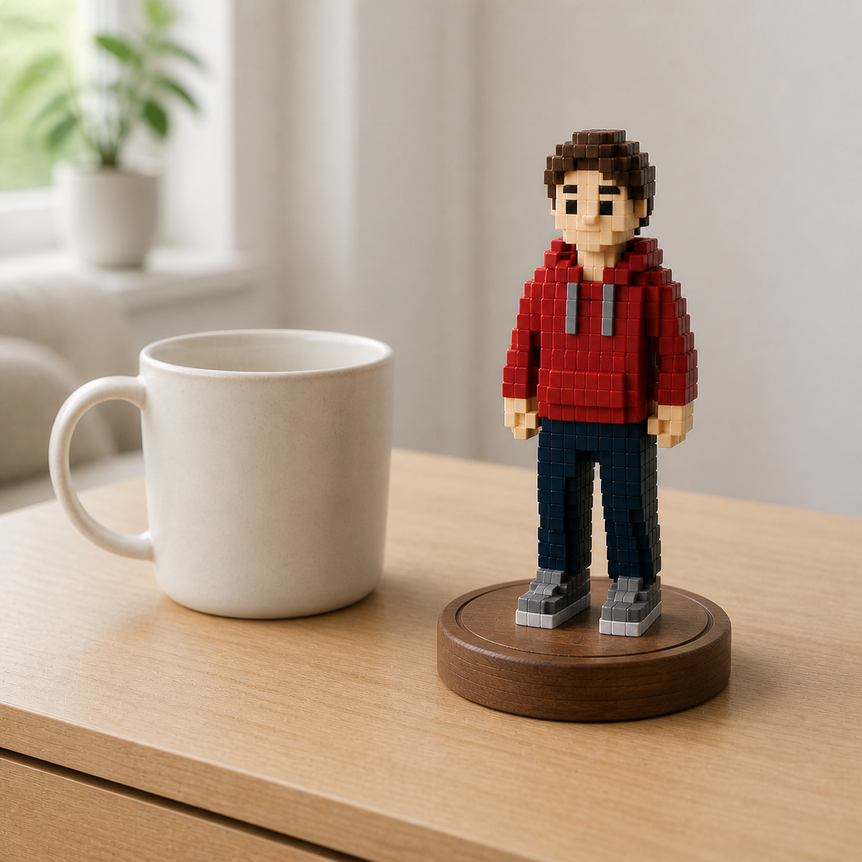 Custom voxel figurine beside a ceramic mug for scale