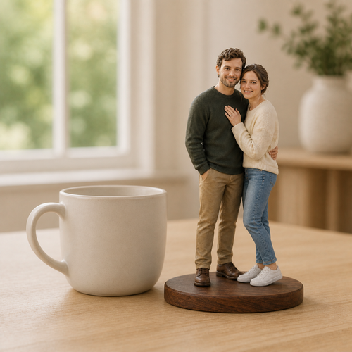 Custom full-colour couple figurine beside a ceramic mug for scale