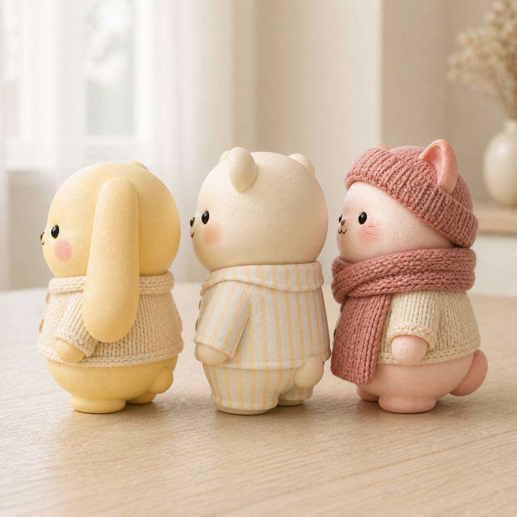Rear three-quarter view showing three Pookie shapes and sculpted outfits