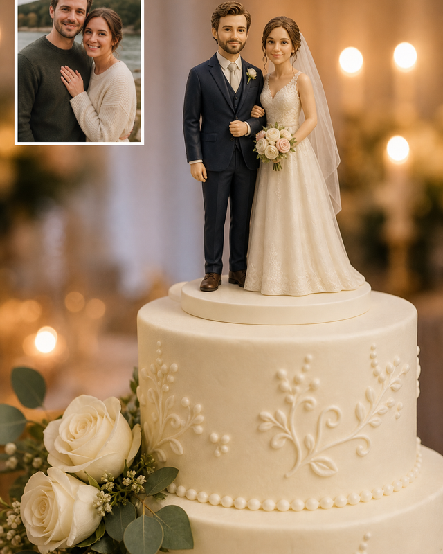 Custom wedding cake topper of a bride and groom on a real iced cake, with the source photo inset