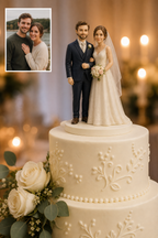 Custom wedding cake topper of a bride and groom on a real iced cake, with the source photo inset